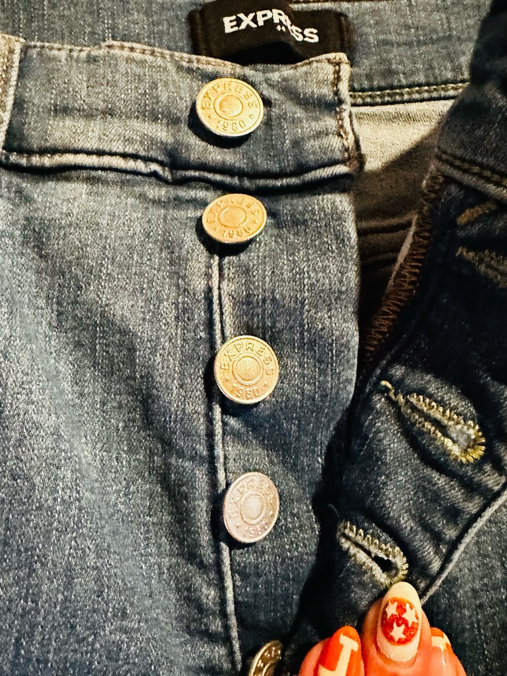 Express High-Rise Dark Blue Button-Fly Jeans with Branded Metal Buttons